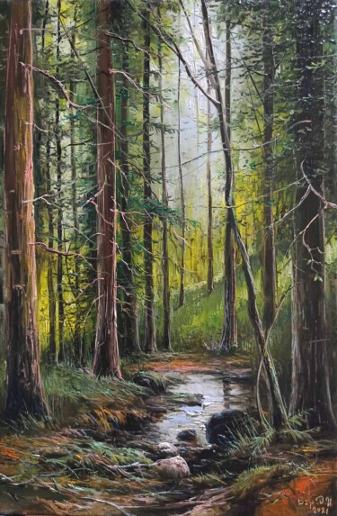 Painting titled "Forest River Landsc…" by Dmitry Barabash, Original Artwork, Oil