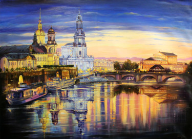 Painting titled ""The evening lights…" by Dmitry King, Original Artwork, Oil