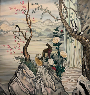 Malarstwo zatytułowany „Japanese sakura and…” autorstwa Dmitry King, Oryginalna praca, Srebrny nadruk