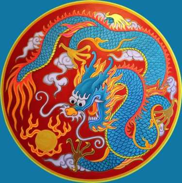 Druckgrafik mit dem Titel "Blue Dragon with Pe…" von Dmitry King, Original-Kunstwerk, Analogdruck