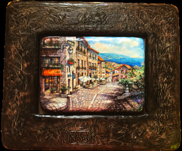 Painting titled "Cityscape" by Dmitry King, Original Artwork, Acrylic Mounted on Wood Panel