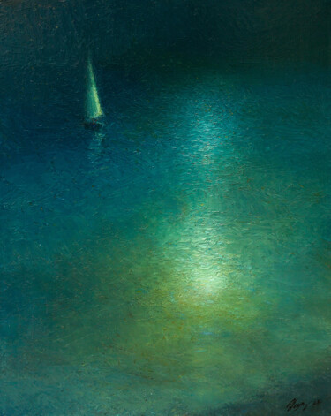 Painting titled "Moonlight night" by Dmitry Oleyn, Original Artwork, Oil Mounted on Wood Stretcher frame