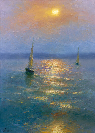 Painting titled "Sunset 2" by Dmitry Oleyn, Original Artwork, Oil Mounted on Wood Stretcher frame
