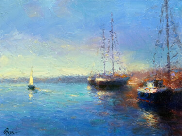 Painting titled "Evening sea 2" by Dmitry Oleyn, Original Artwork, Oil Mounted on Wood Stretcher frame