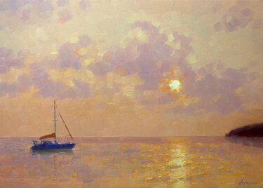 Malarstwo zatytułowany „Golden sunset” autorstwa Dmitry Oleyn, Oryginalna praca, Olej Zamontowany na Drewniana rama noszy