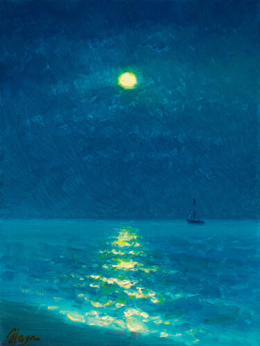 Painting titled "Moonlight night 2" by Dmitry Oleyn, Original Artwork, Oil Mounted on Wood Stretcher frame