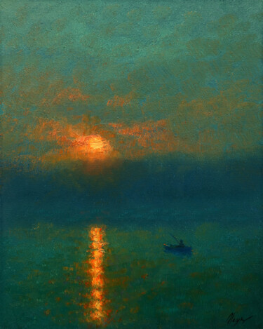 Painting titled "Sunset 7" by Dmitry Oleyn, Original Artwork, Oil Mounted on Wood Stretcher frame