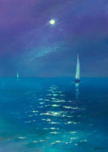 Картина под названием "Moonlight night 4" - Dmitry Oleyn, Подлинное произведение искусства, Масло Установлен на Деревянная р…
