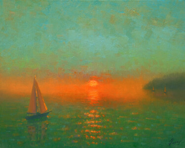 Painting titled "Sunset 11" by Dmitry Oleyn, Original Artwork, Oil Mounted on Wood Stretcher frame