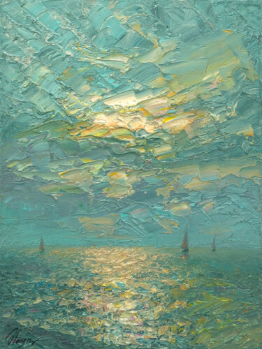 Painting titled "Sea 21" by Dmitry Oleyn, Original Artwork, Oil Mounted on Wood Stretcher frame