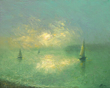 Картина под названием "Foggy river 1" - Dmitry Oleyn, Подлинное произведение искусства, Масло Установлен на Деревянная рама…
