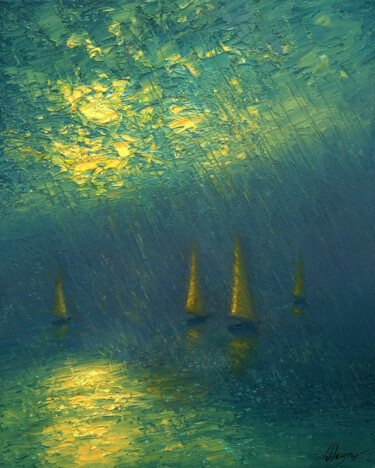 Pittura intitolato "Rainy river 3" da Dmitry Oleyn, Opera d'arte originale, Olio Montato su Telaio per barella in legno