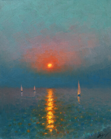 Painting titled "Sunset 14" by Dmitry Oleyn, Original Artwork, Oil Mounted on Wood Stretcher frame