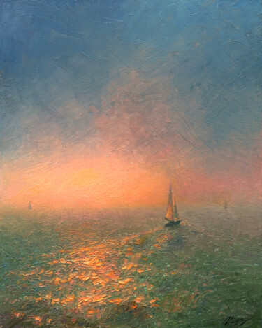 Painting titled "Pink sunrise 2" by Dmitry Oleyn, Original Artwork, Oil Mounted on Wood Stretcher frame