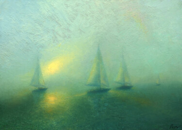 Painting titled "Foggy regatta 2" by Dmitry Oleyn, Original Artwork, Oil Mounted on Wood Stretcher frame