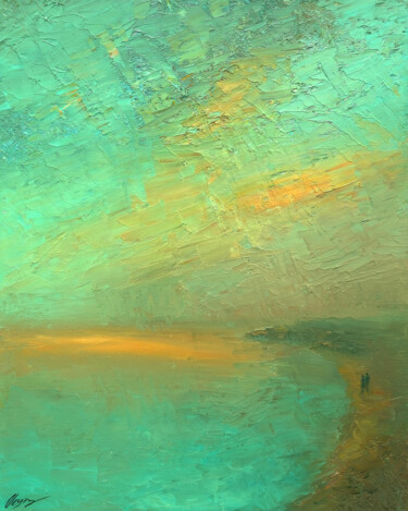 Painting titled "Misty evening 2" by Dmitry Oleyn, Original Artwork, Oil Mounted on Wood Stretcher frame
