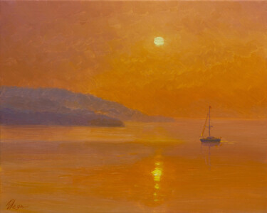 Painting titled "Orange sunset" by Dmitry Oleyn, Original Artwork, Oil Mounted on Wood Stretcher frame