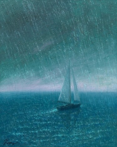 Painting titled "Rain" by Dmitry Oleyn, Original Artwork, Oil Mounted on Wood Stretcher frame