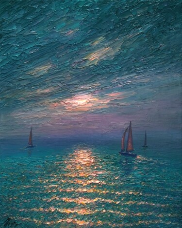 Painting titled "Emerald Sea" by Dmitry Oleyn, Original Artwork, Oil Mounted on Wood Stretcher frame