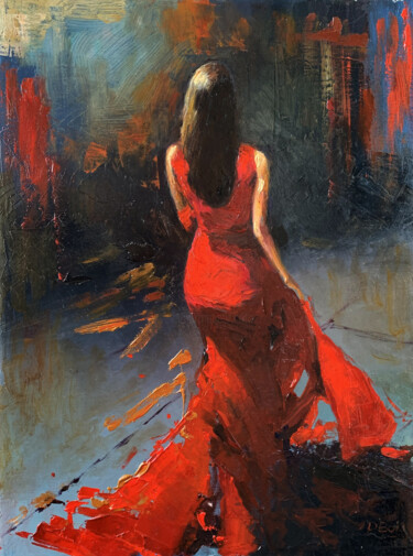 Painting titled "Lady in red" by Dmytro Boykov, Original Artwork, Oil Mounted on Wood Stretcher frame
