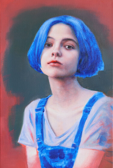 Картина под названием "Girl with blue hair…" - Dmytro Bryzhak, Подлинное произведение искусства, Масло