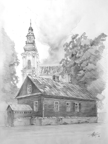 Zeichnungen mit dem Titel "Log house" von Dmytro Koptyev, Original-Kunstwerk, Bleistift