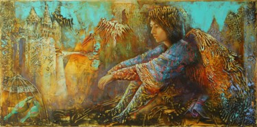 Painting titled "отдыхающий ангел" by Anna Dobrodii, Original Artwork, Oil Mounted on Wood Stretcher frame