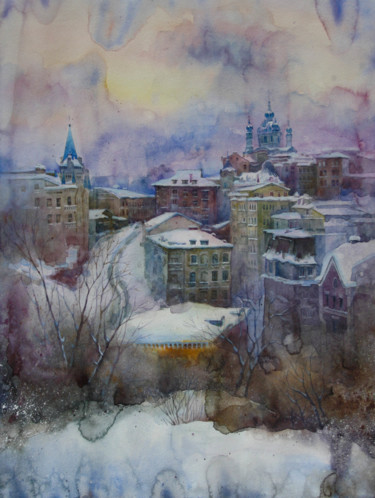 Painting titled "вечер" by Anna Dobrodii, Original Artwork, Watercolor