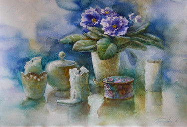 Painting titled "фиалки" by Anna Dobrodii, Original Artwork, Watercolor