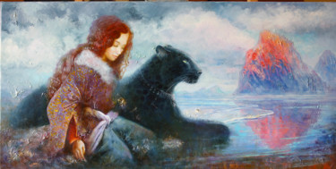 Painting titled "синяя лагуна" by Anna Dobrodii, Original Artwork, Oil Mounted on Wood Stretcher frame