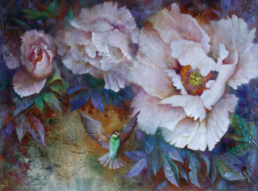 Painting titled "Peonies and humming…" by Anna Dobrodii, Original Artwork, Oil Mounted on Wood Stretcher frame