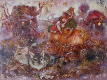 Painting titled "вечерняя сказка" by Anna Dobrodii, Original Artwork, Oil Mounted on Wood Stretcher frame