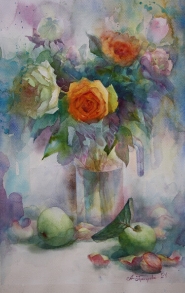 Картина под названием "Autumn roses" - Анна Добродий, Подлинное произведение искусства, Акварель