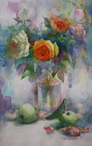 Autumn roses Картина под названием "Autumn roses" - Анна Добродий, Подлинное произведение искусства, Акварель