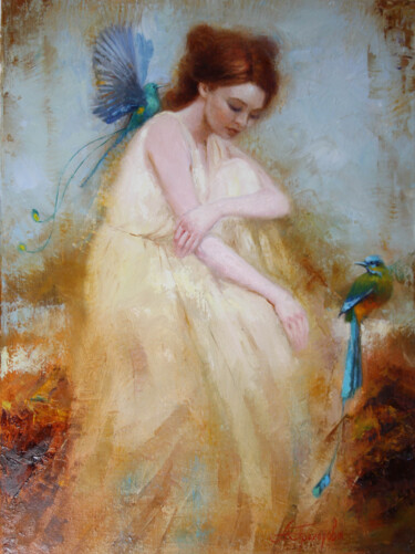 Painting titled "Райская птица" by Anna Dobrodii, Original Artwork, Oil Mounted on Wood Stretcher frame