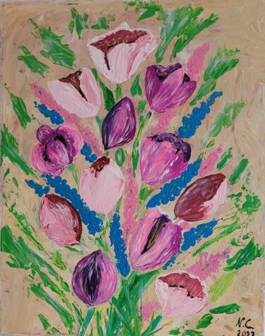 Painting titled "tulipes aux jacinth…" by Dochka Mihova (Nikoleta), Original Artwork, Acrylic Mounted on Wood Stretcher frame