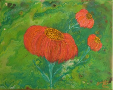 Peinture intitulée "fleurs dans la verd…" par Dochka Mihova (Nikoleta), Œuvre d'art originale, Acrylique Monté sur Châssis e…