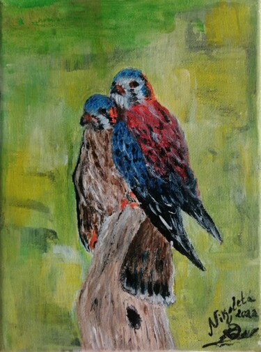 Painting titled "Deux oiseaux" by Dochka Mihova (Nikoleta), Original Artwork, Acrylic Mounted on Wood Stretcher frame