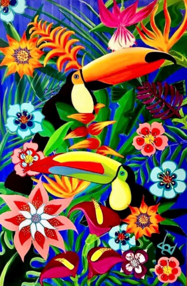Painting titled "N13-Les Toucans" by Dod, Original Artwork, Acrylic Mounted on Wood Stretcher frame