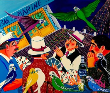 Painting titled "La Partie de cartes" by Dod, Original Artwork, Acrylic Mounted on Wood Stretcher frame