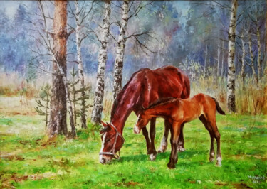 Peinture intitulée "На весенней траве." par Mikhail Shchriliov, Œuvre d'art originale, Huile