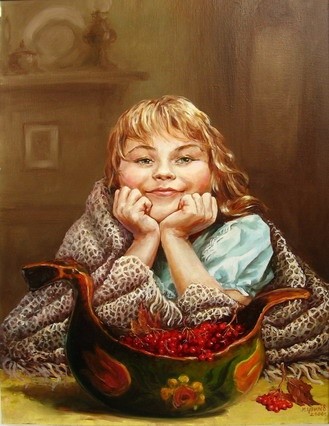 Painting titled "Девочка с калиной" by Mikhail Shchriliov, Original Artwork