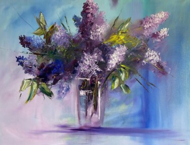 Painting titled "Lilac bouquet" by Dolgor Dugarova (Dolgor Art), Original Artwork, Oil Mounted on Wood Stretcher frame