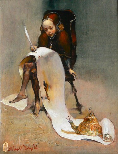 Painting titled "Неспешное Письмо" by Alex V. Dolgikh, Original Artwork, Oil Mounted on Wood Stretcher frame