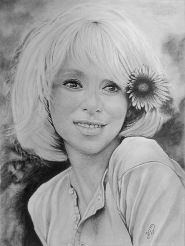 Drawing titled "MIREILLE DARC" by Dom Art 44, Original Artwork, Pencil Mounted on Glass
