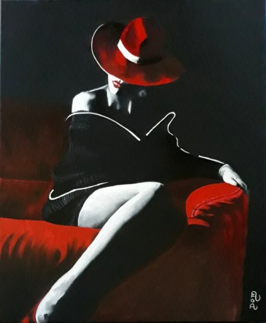 Painting titled "LA DAME SUR LE DIVAN" by Dom Art 44, Original Artwork, Oil Mounted on Wood Stretcher frame