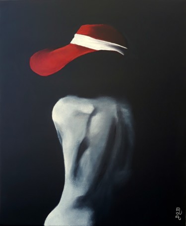 Painting titled "dos nu au chapeau" by Dom Art 44, Original Artwork, Oil Mounted on Wood Stretcher frame