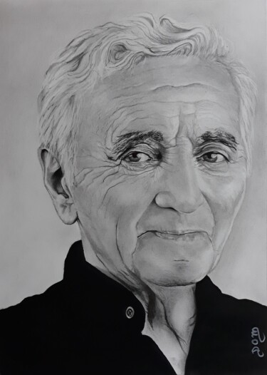 Disegno intitolato "Charles Aznavour" da Dom Art 44, Opera d'arte originale, Grafite Montato su Vetro