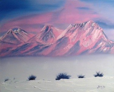 Schilderij getiteld "LES MONTAGNES ROSE" door Dom Art 44, Origineel Kunstwerk, Olie