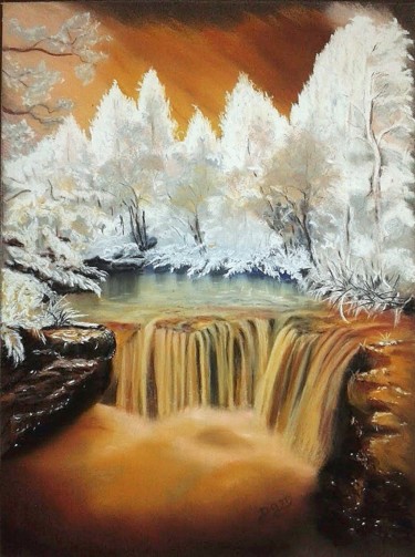Dessin intitulée "cascade dans un pay…" par Dom Art 44, Œuvre d'art originale, Pastel